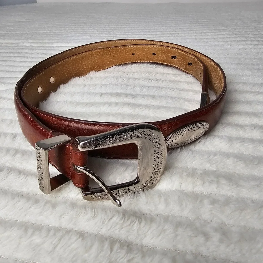 Silver Concho Engraved Buckle Top Grain Leather Belt 36 Brown Western Cowboy